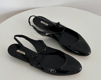 Vintage Miu Miu Black Patent Leather Slingback Flats, Mary Jane Ballet Shoes, Made in Italy, EU 38.5