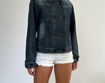 Giacca corta in denim doppiopetto vintage / Cappotto in jeans blu slavato con tasche / Collo alto stile giapponese / Anni 2000 90 / taglia 3
