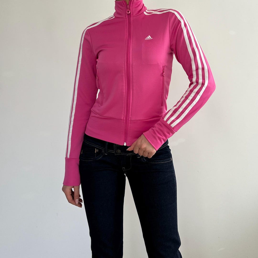 00s adidas track jacket pink × black M Adidas Women's Track Jacket Medium Black Pink Full Zip