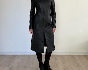 Trench-coat en cuir noir vintage / Veste longue ajustée à double fermeture éclair sur le devant / Années 2000 et 90 / Taille 44