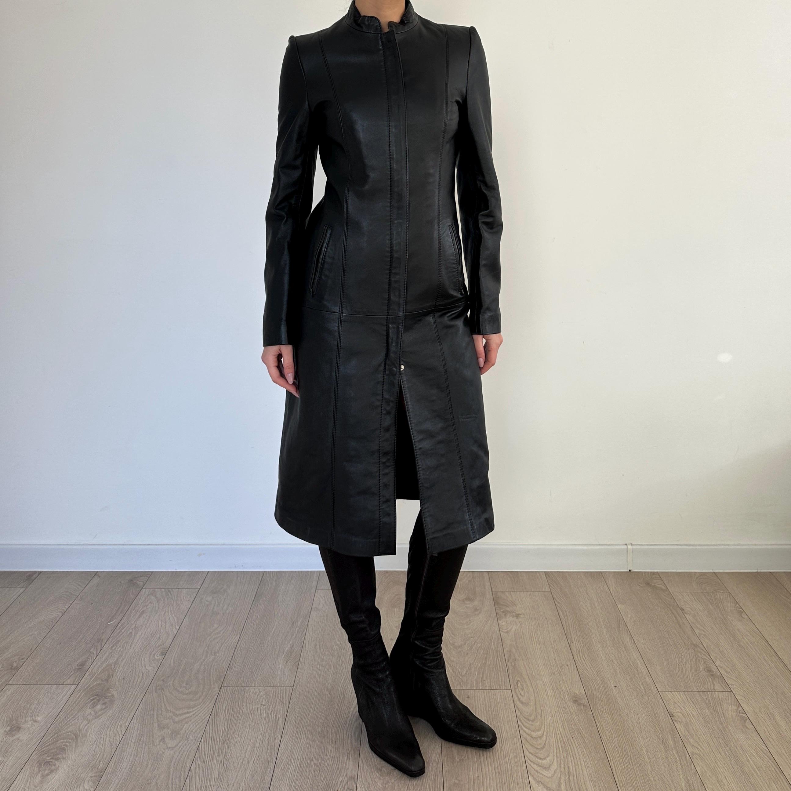 Vintage Black Leather Trench Coat / Double Zip Front Long Fitted