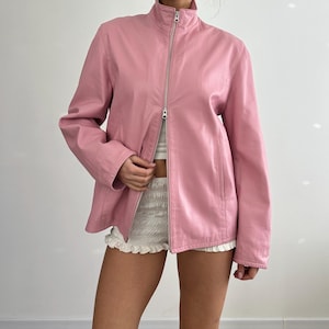 Vintage Women’s Baby Pink Leather Jacket / Double Zip Up Oversize Short High Neck / Biker Moto Racing Style Outerwear / Y2K 00s / size 48