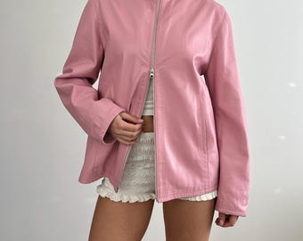 Vintage Veste en cuir rose bébé / Double fermeture éclair oversize court col haut / Vêtements d'extérieur style course de motard / Années 2000 / Années 2000 / Taille 48