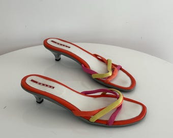 Vintage Prada Sport Linea Rossa Kitten Heel Mules / Y2K Prada Sandals / Multicolor Webbing Strappy Heels / Orange Slides / Made in Italy