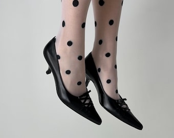 Vintage Black Leather Pointed Toe Kitten Heel Pumps / Bows Lace Up Shoes / coquette / y2k / 90s 00s / made in Italy / size 37