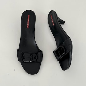 Vintage Archive Prada Early 2000s Black Leather Kitten Heel Mules / Buckle Detail / Sport Slide Sandals Clogs / Designer Shoes y2k / size 37