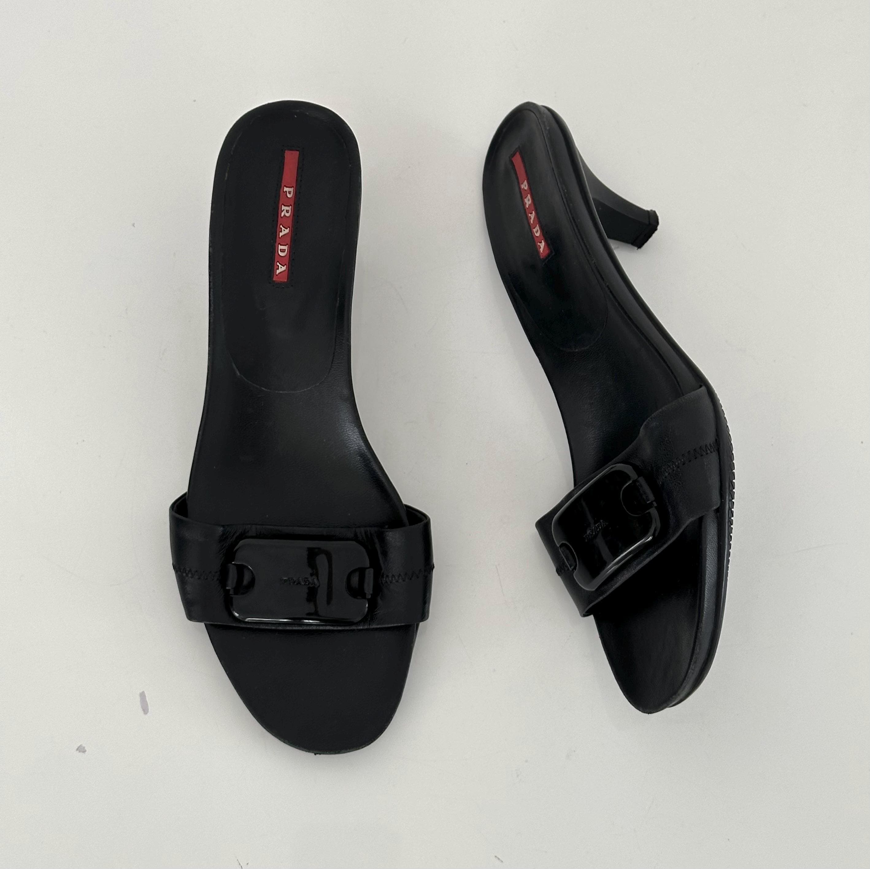 Vintage Archive Prada Early 2000s Black Leather Kitten Heel Mules / Buckle Detail / Sport Slide Sandals Clogs / Designer Shoes y2k / size 37