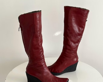 Pollini Vintage Burgundy Red Leather Wedge Boots / High Knee Fur Boots / Y2K 00s / Winter Shoes / Size 39 (best for 37-38)