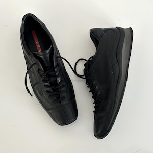 Vintage Prada Sport Black Leather Square Toe Lace Up Sneakers / Linea Rossa 2000s Low Top Trainers / Y2K designer shoes / made in Italy / 39