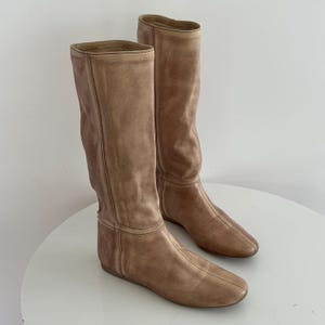 Vintage Prada Leather Knee High Flat Boots / Tan Beaige Distressed Effect Designer Shoes / 00s 90s y2k / Made in Italy / Size 37