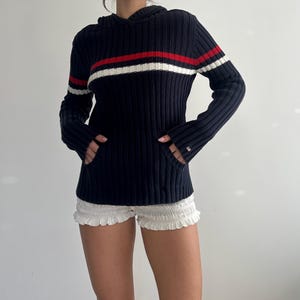 Vintage Polo Jeans Company Ralph Lauren Blue Hooded Sweater / USA Logo Cable Knit Preppy Jumper / Stripped Pullover/ Y2K RL / 90s / size L