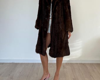 Vintage Authentic Brown Fur Coat Jacket / Natural Genuine Rabbit Fur Mid Length Jacket / Winter Classic Elegant Long Overcoat / Y2K 90s