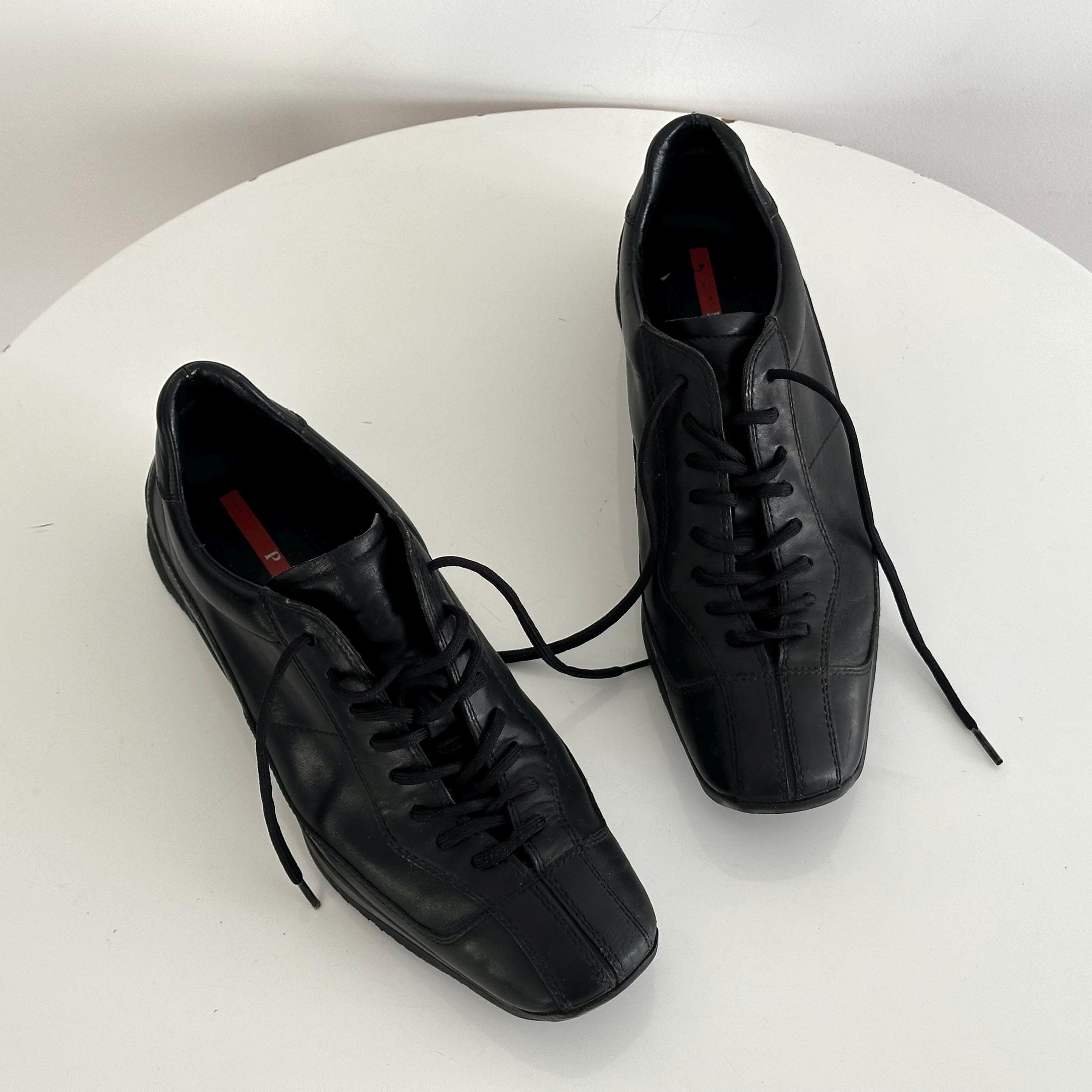 靴 PRADA SPORT Logo flat shoes BLACK PRADA Sport Black Leather Loafer Linea Rossa 0950 UK8 US9 | eBay