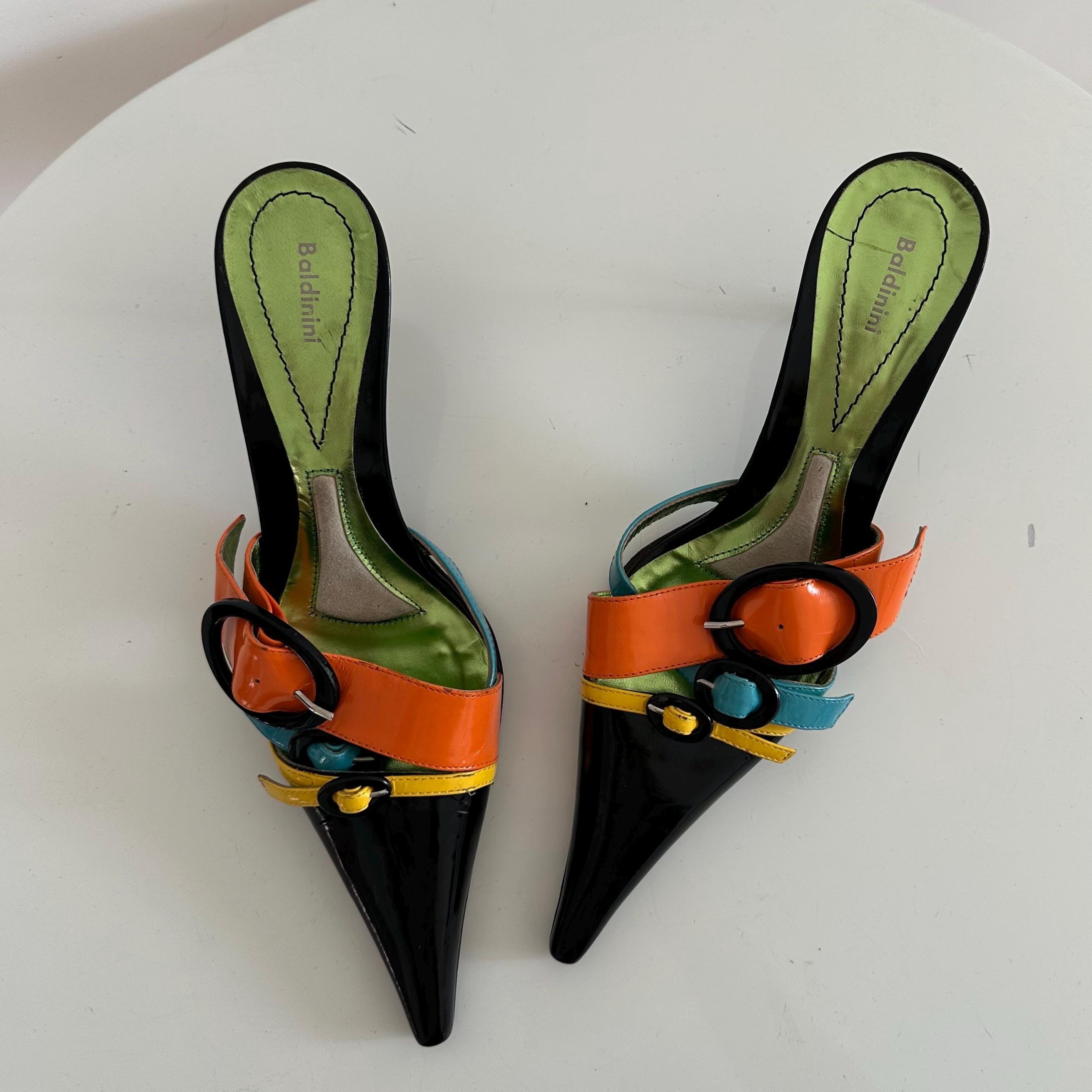 Vintage Baldinini Patent Leather Pointed Toe Belted Mules Sleep