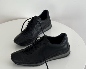 美品 prada sports square leather sneaker Vintage Prada Sport Black Leather Square Toe Lace up Sneakers