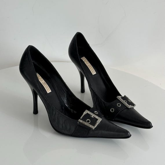 靴 y2k pointed toe opium leather shoes Vintage 90's Pointed Toe Boots Y2k Black Heel High Leather