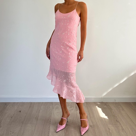 dusty pink lace detail asymmetric hem midi dress Shape Dusty Pink Satin Lace Mix Strappy Mid Dress