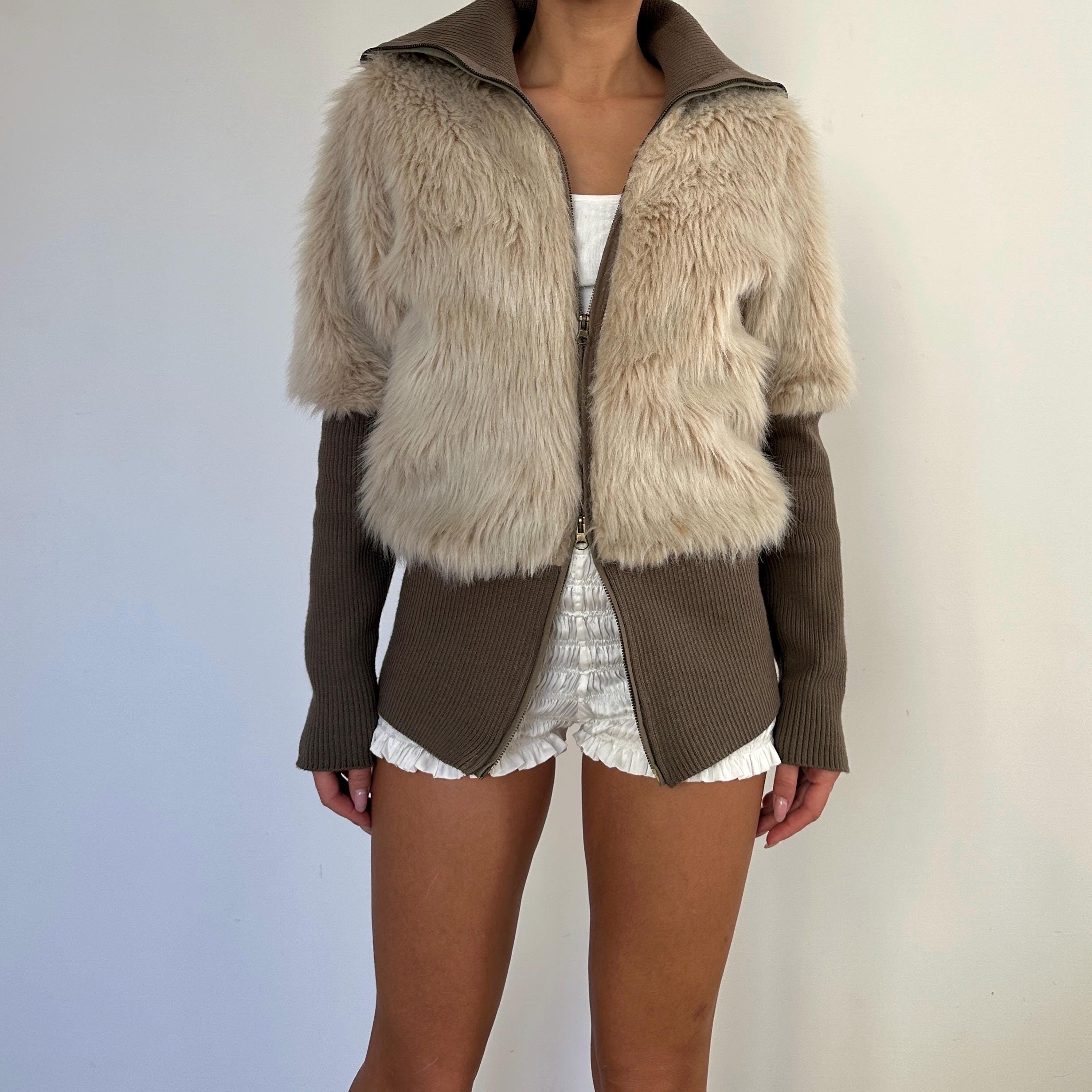 Faux Fur Knit Zip Cardigan / Ribbed Cotton Blend Sweater With Faux