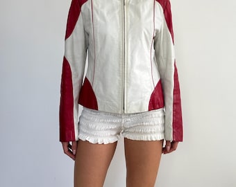 Vintage Women’s Red White Leather Jacket / Zip Up Fitted Short High Neck / Biker Moto Racing Style Outerwear / Y2K 00s Italy / size S