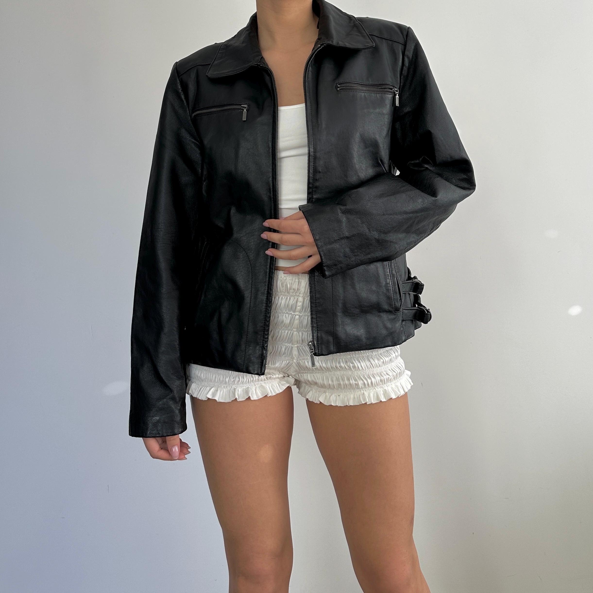 VINTAGE Short Black Leather Jacket - Early 90s INC