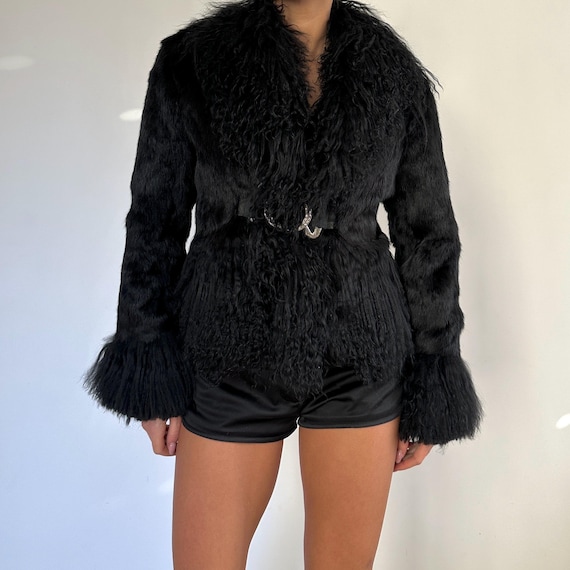Vintage Black Genuine Fur Lama Collar Jacket / Penny Lane Afghan Shearling Style Cropped Coat
