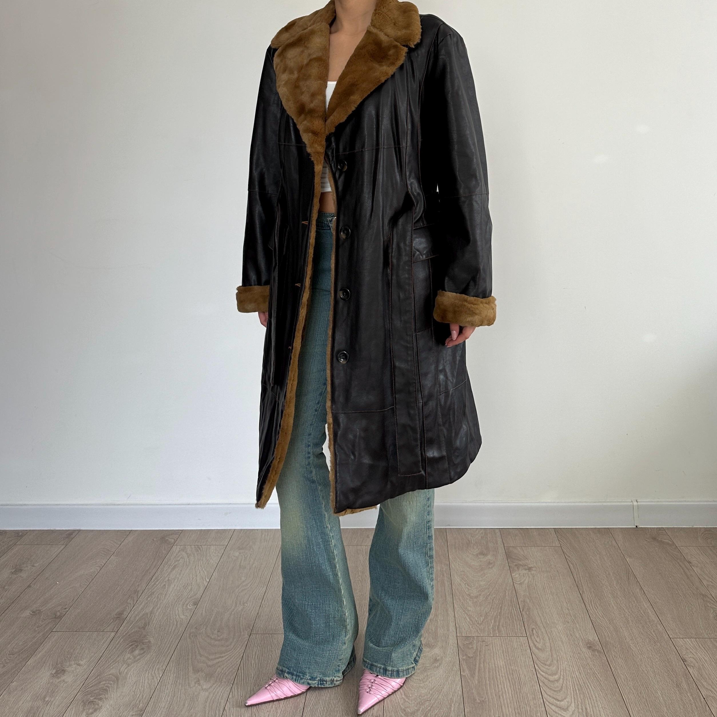 Vintage Trussardi Jeans Brauner Kunstleder Afghanischer Mantel mit