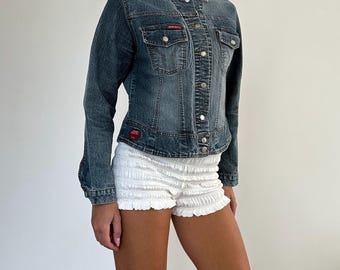 Giacca corta in denim vintage Miss Sixty Miss60 / Cappotto in denim blu slavato e scolorito con tasche / Anni 2000 90 / taglia L