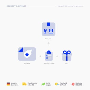 Lieferumfang von convoooy: Aufkleber, Montageanleitung und kleines Gratisgeschenk