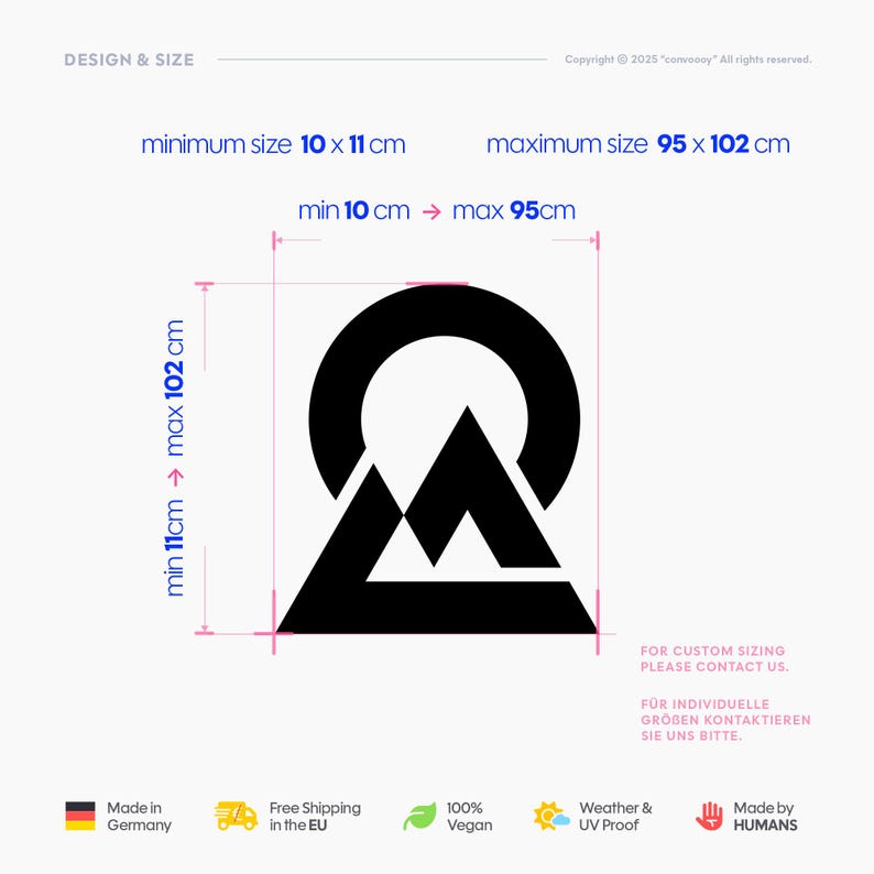 Designbogen mit Berg-Emblem Vinylaufkleber, Maßlinien zeigen Mindestgröße 10×11 cm und Maximalgröße 95×102 cm.