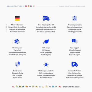 Übersicht der convoooy Markenmerkmale: deutsche Qualität, wetterfeste Sticker, EU-Versand und vegane Herstellung