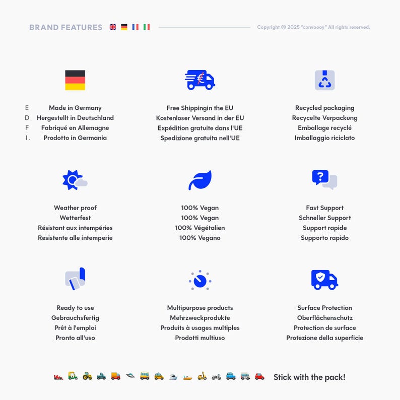 Übersicht der convoooy Markenmerkmale: deutsche Qualität, wetterfeste Sticker, EU-Versand und vegane Herstellung