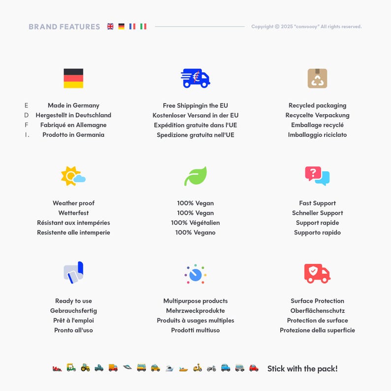 Übersicht der convoooy Markenmerkmale: deutsche Qualität, wetterfeste Sticker, EU-Versand und vegane Herstellung