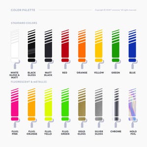 Farbauswahl für convoooy Aufkleber mit Glanz-, Matt-, Neon-, Metallic-, Chrom- und Hologramm-Optionen