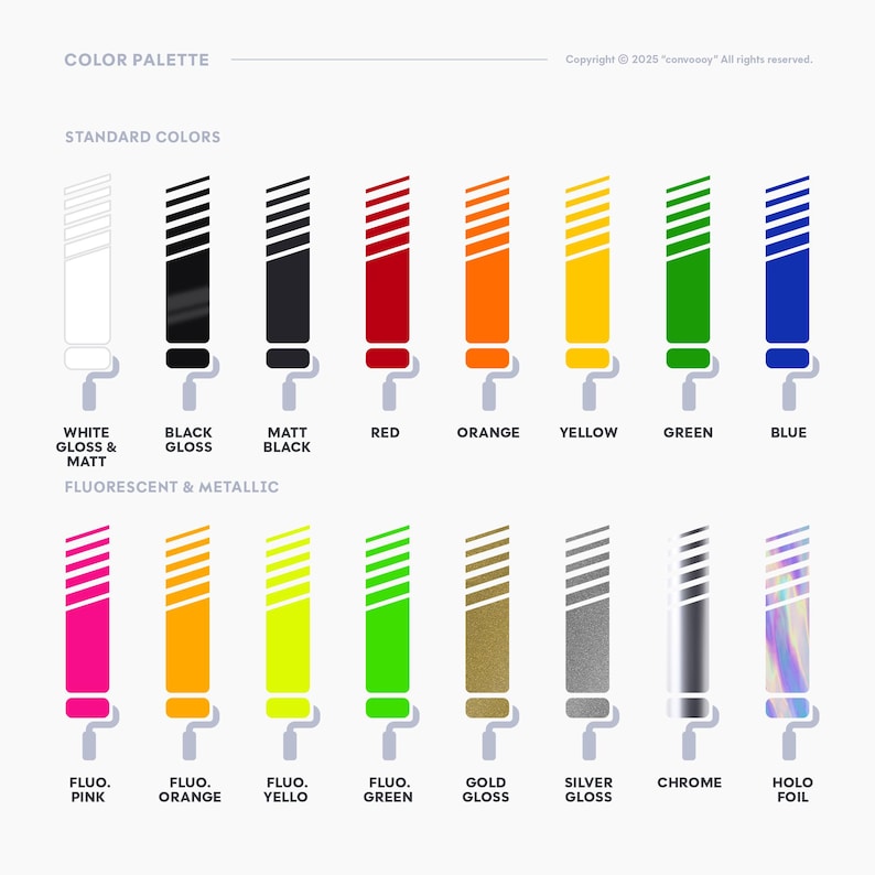 Farbauswahl für convoooy Aufkleber mit Glanz-, Matt-, Neon-, Metallic-, Chrom- und Hologramm-Optionen