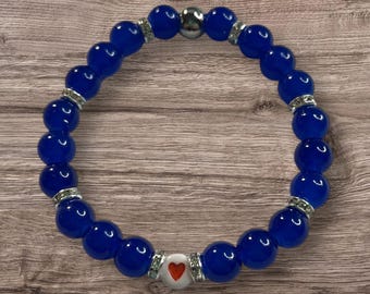 Pulsera de cuentas de vidrio azul: corazón de diamantes de imitación, elástica