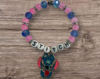 Stitch Charm Bracelet: Pink & Blue Crystal Beads, Rhinestone Spacers