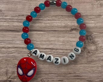 Spiderman Charm Bracelet, Red & Blue Glass Bead Superhero Wristlet