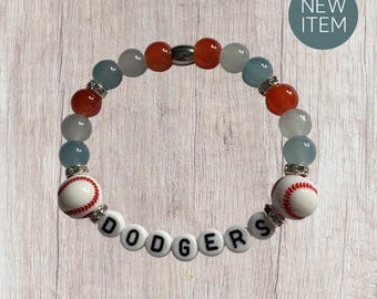 Pulsera de los LA Dodgers: Pulsera con cuentas de vidrio rojas, grises y celestes