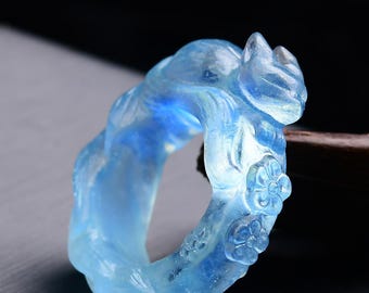 M5078 Natural Aquamarine Carved Fox Ring w Certificate