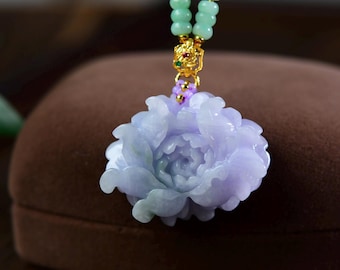 M6358 Hand-Carved Purple Jadeite Flower Pendant with Certificate