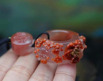 M5408 Hand-carved Natural Nanhong Agate Plum blossom Pendant with Certificate