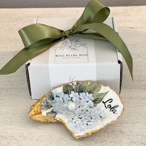Handcrafted Hydrangea and Tulip Monogrammed Oyster Shell Ring Dish / Perfect Bride Gift/ Bridesmaid gift/ Trinket Dish/ Faux Pearl