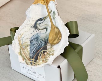 Handcrafted Blue Heron Oyster Shell Spoon Rest with Spoon