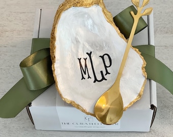 Hand-Painted Oyster Shell Spoon Rest: Gold Gilded Coffee Spoon, Teacher gifts