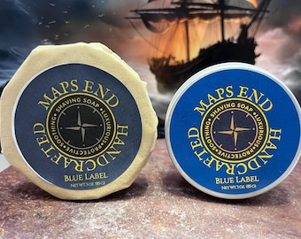 Blue Label Shave Soap, 3oz Tin or Puck, Bay Rum & Cedarwood, Maps End Handcrafted