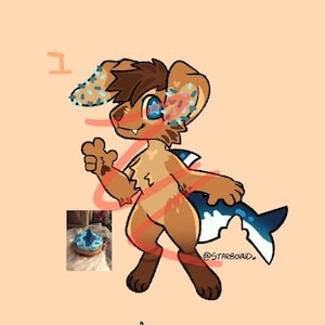 May include: A digital illustration of a tan anthropomorphic creature with brown hair, blue star-shaped eyes, and blue sprinkles on its ears. It has a shark-like tail and a small inset photograph of a blue frosted doughnut with a shark fin topper.
