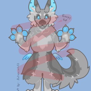 May include: A digital illustration of a grey anthropomorphic canine character with blue paw pads, blue inner ears with star patterns, and glowing blue eyes. The character has tufted fur, a fluffy tail, and the text Eeepy Pup and art by Nature_arts21.