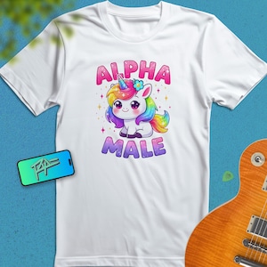 Alpha Male Unicorn T-Shirt, Funny Rainbow Kawaii Gildan 5000 Tee, Cute Sarcastic Gift for Him, Whimsical Pride Humor Shirt