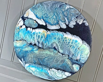 Abstract Fluid Art - Metallic Blues - Round Canvas 10 inches - Acrylic Swipe