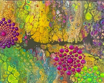 8x20" Original Artwork Acrylic Pour Painting - Funky Colors Wall Hanging - Resin Finish - Lime Green Gold Violet Purple